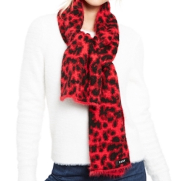 DKNY Womens Fuzzy Knit Scarf and Beanie Hat Set Red Black Animal Print - Picture 3 of 11